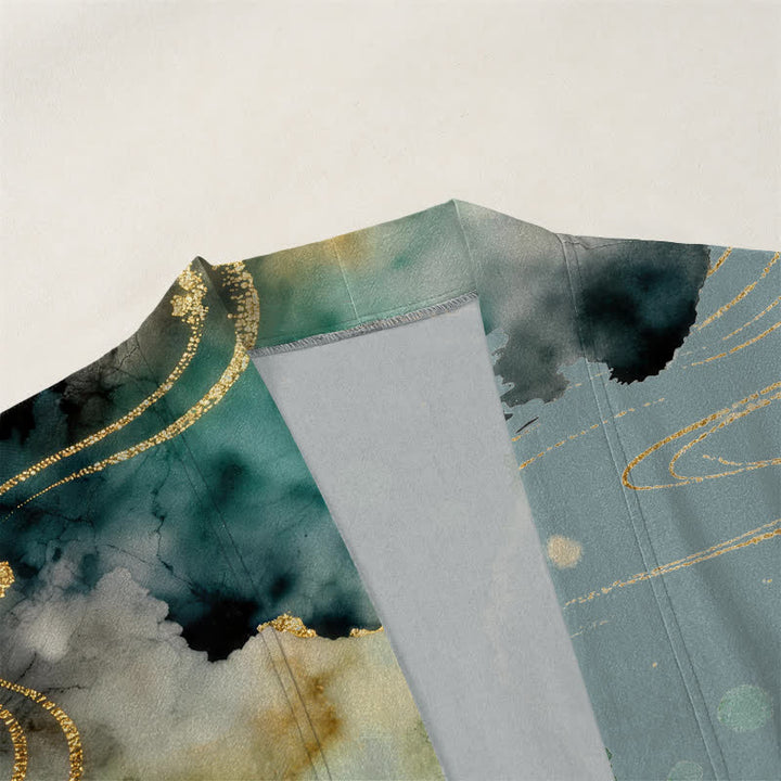 Buddha Stones Kimono de hombre con frente abierto, estampado de nube de tinta de koi y loto de algodón. - image 3