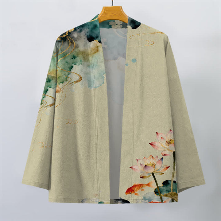 Buddha Stones Kimono de hombre con frente abierto, estampado de nube de tinta de koi y loto de algodón. - image 7