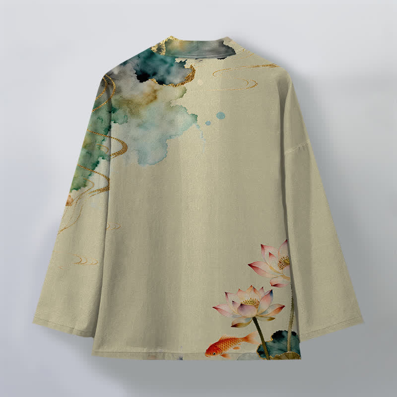 Buddha Stones Kimono de hombre con frente abierto, estampado de nube de tinta de koi y loto de algodón. - image 8