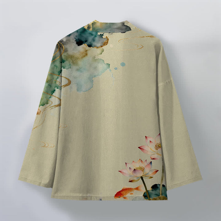 Buddha Stones Kimono de hombre con frente abierto, estampado de nube de tinta de koi y loto de algodón. - image 8