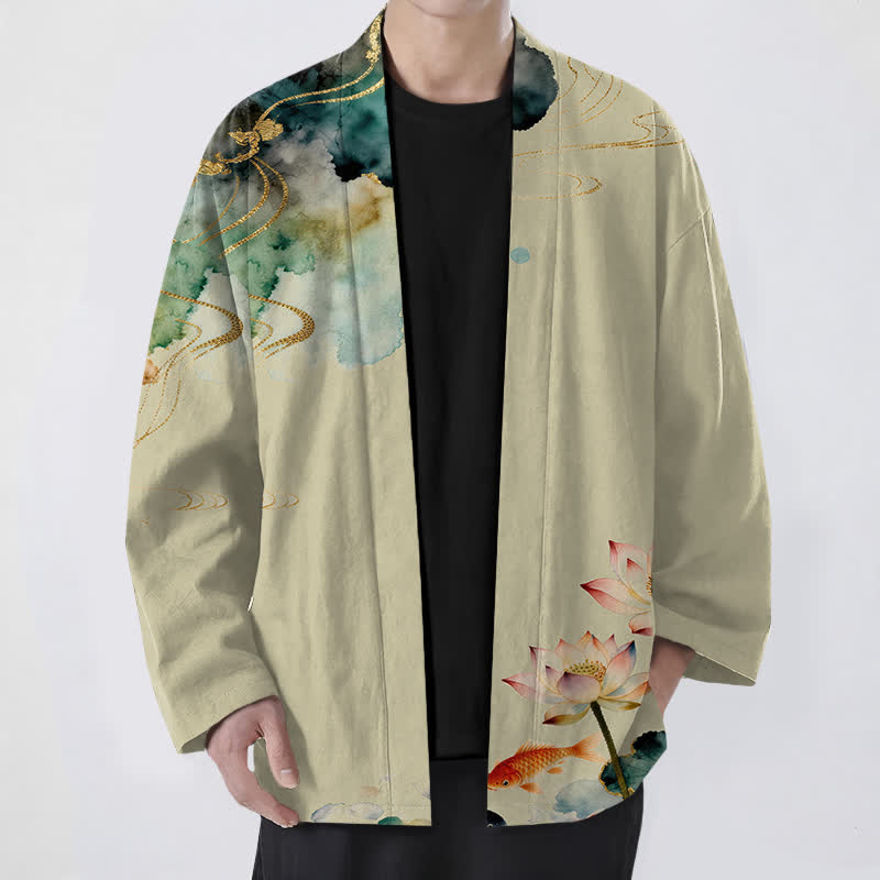 Buddha Stones Kimono de hombre con frente abierto, estampado de nube de tinta de koi y loto de algodón. - vara de oro pálida - US/UK/AU48, UE58 (4XL) - image 6