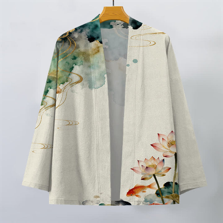 Buddha Stones Kimono de hombre con frente abierto, estampado de nube de tinta de koi y loto de algodón. - image 10