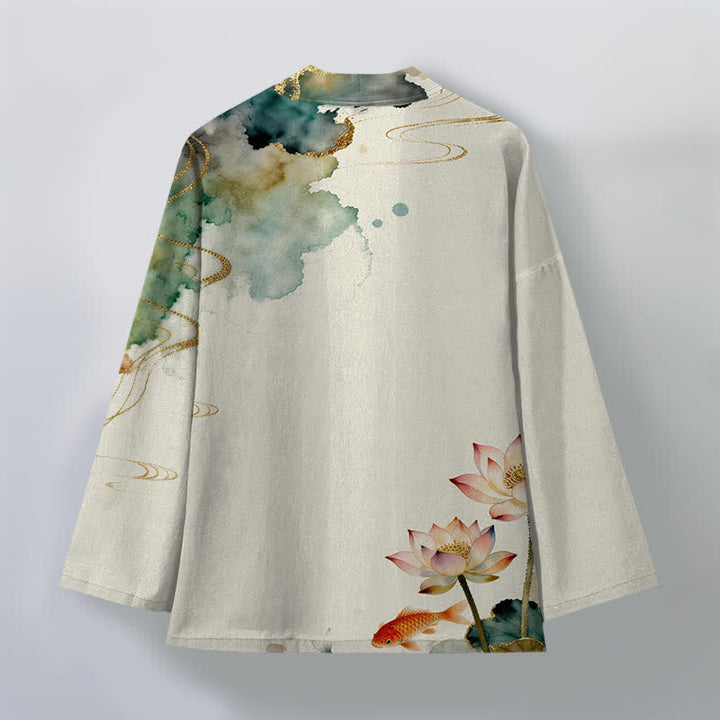 Buddha Stones Kimono de hombre con frente abierto, estampado de nube de tinta de koi y loto de algodón. - image 11