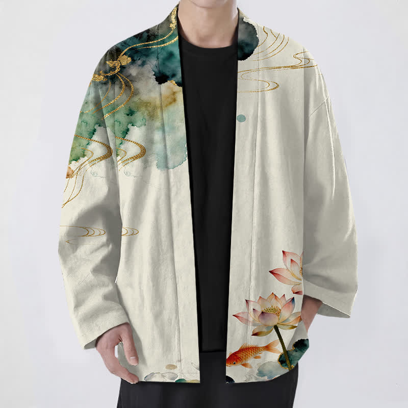 Buddha Stones Kimono de hombre con frente abierto, estampado de nube de tinta de koi y loto de algodón. - Beige - US/UK/AU48, UE58 (4XL) - image 9