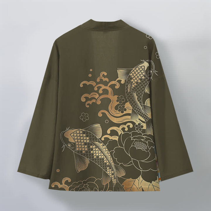 Buddha Stones Kimono de algodón dorado con estampado floral de carpas koi y frente abierto para hombre - image 2