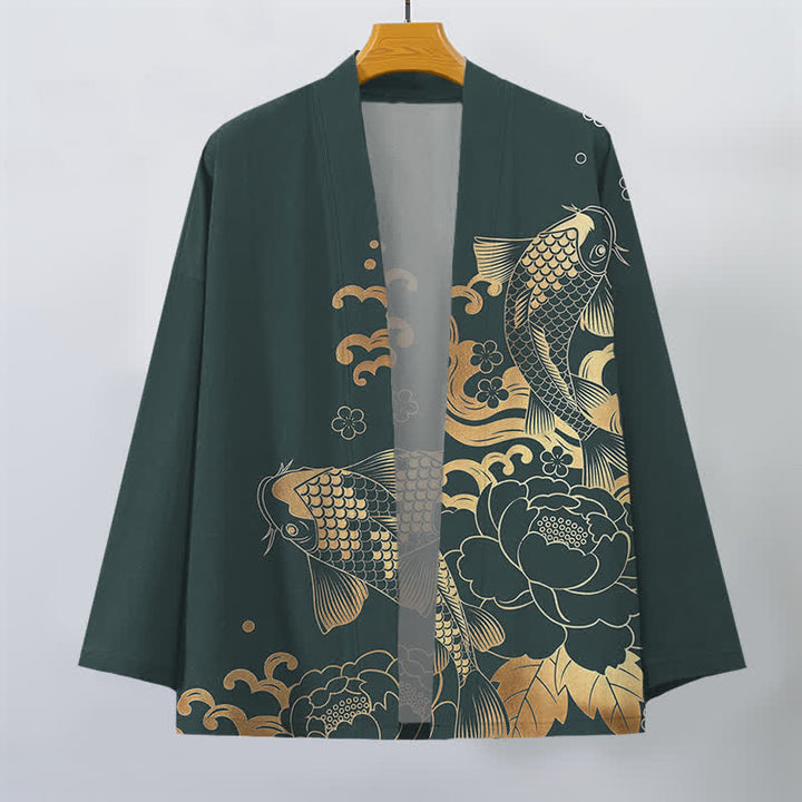 Buddha Stones Kimono de algodón dorado con estampado floral de carpas koi y frente abierto para hombre - image 7