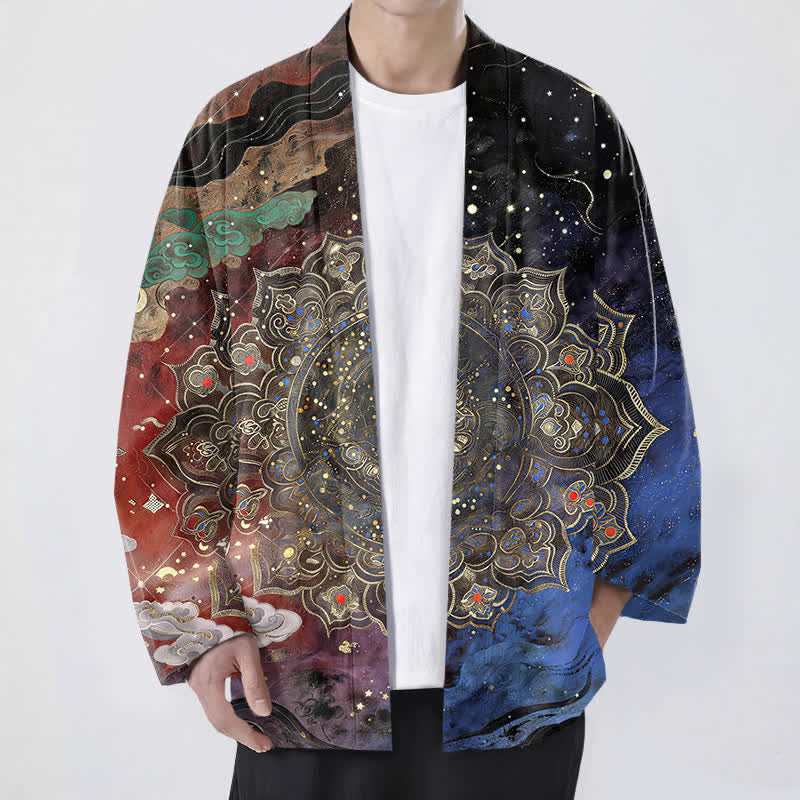 Buddha Stones Kimono de algodón con estampado de mandala galáctico y frente abierto para hombre - Ladrillo refractario - US/UK/AU48, UE58 (4XL) - image 9