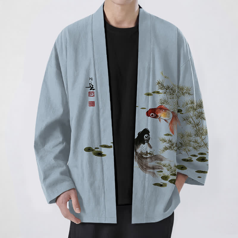 Buddha Stones Kimono de hombre de algodón con estampado de loto koi y lavado a la tinta, con frente abierto. - Azul acero claro - US/UK/AU48, UE58 (4XL) - image 6