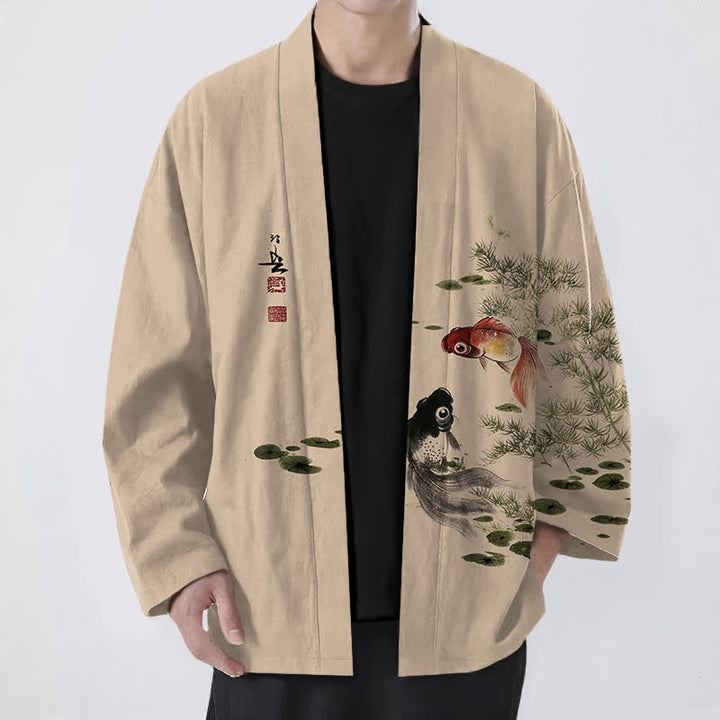 Buddha Stones Kimono de hombre de algodón con estampado de loto koi y lavado a la tinta, con frente abierto. - Trigo - US/UK/AU48, UE58 (4XL) - image 9
