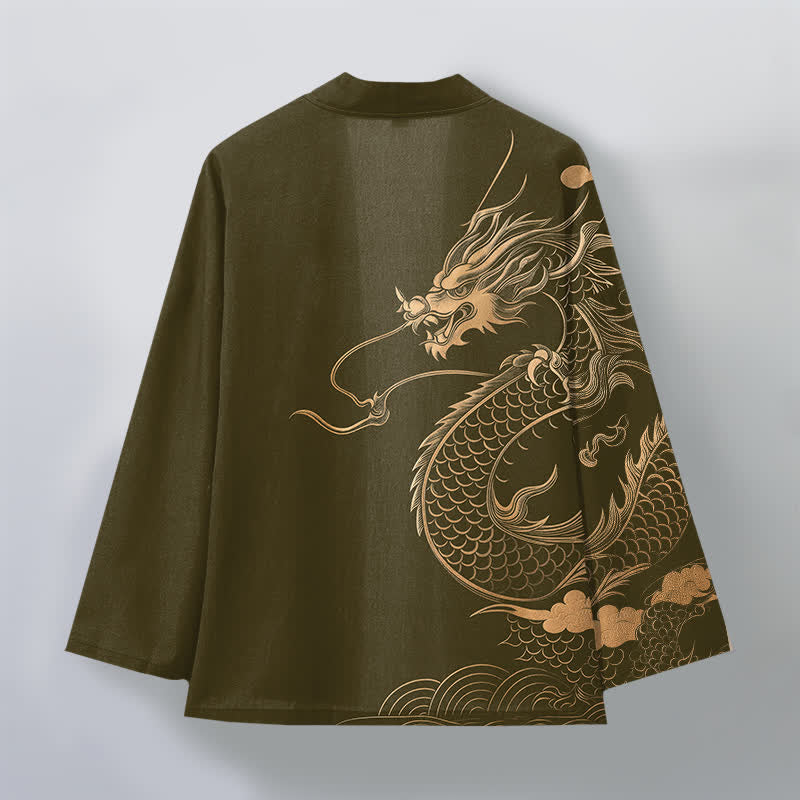 Buddha Stones Kimono de algodón con estampado de nube y dragón dorado y frente abierto para hombre - image 2
