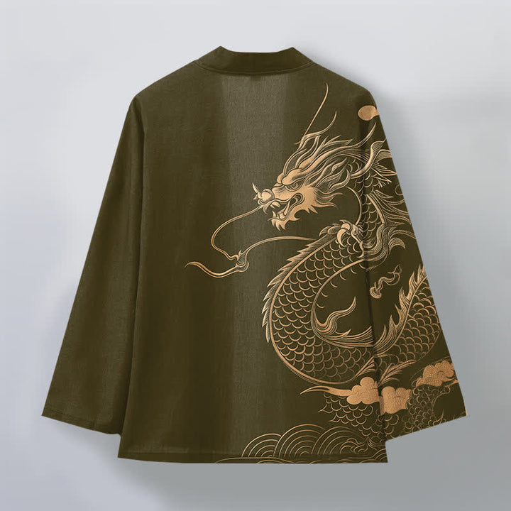 Buddha Stones Kimono de algodón con estampado de nube y dragón dorado y frente abierto para hombre - image 2