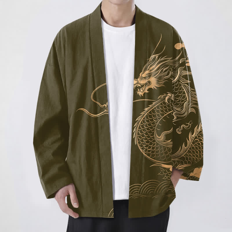 Buddha Stones Kimono de algodón con estampado de nube y dragón dorado y frente abierto para hombre - Aceituna - US/UK/AU48, UE58 (4XL) - image 0