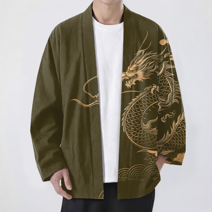 Buddha Stones Kimono de algodón con estampado de nube y dragón dorado y frente abierto para hombre - Aceituna - US/UK/AU48, UE58 (4XL) - image 0