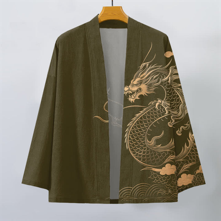 Buddha Stones Kimono de algodón con estampado de nube y dragón dorado y frente abierto para hombre - image 1