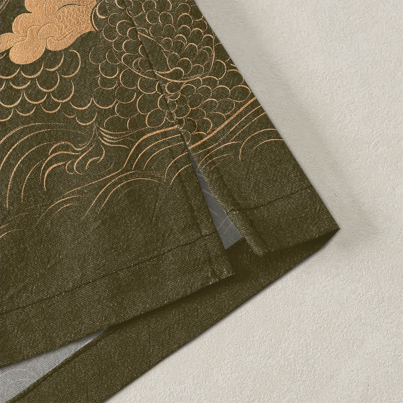 Buddha Stones Kimono de algodón con estampado de nube y dragón dorado y frente abierto para hombre - image 4