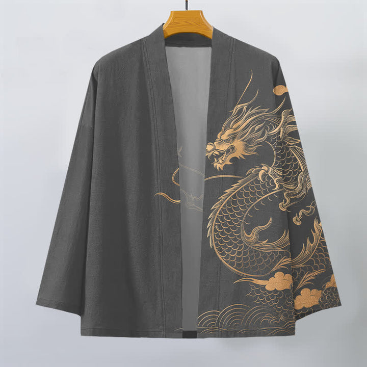 Buddha Stones Kimono de algodón con estampado de nube y dragón dorado y frente abierto para hombre - image 7