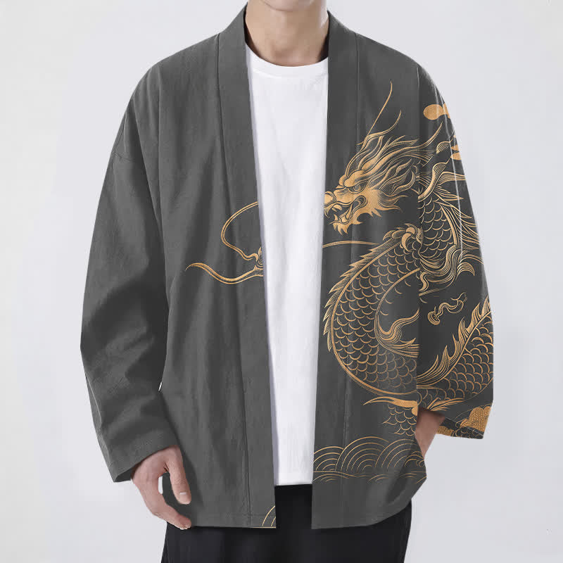 Buddha Stones Kimono de algodón con estampado de nube y dragón dorado y frente abierto para hombre - Gris oscuro - US/UK/AU48, UE58 (4XL) - image 6