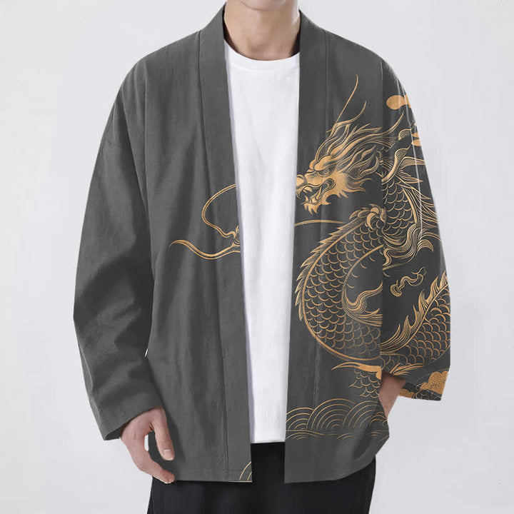 Buddha Stones Kimono de algodón con estampado de nube y dragón dorado y frente abierto para hombre - Gris oscuro - US/UK/AU48, UE58 (4XL) - image 6