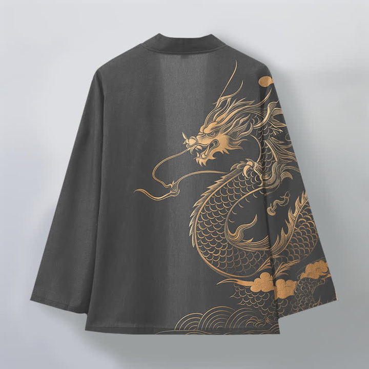 Buddha Stones Kimono de algodón con estampado de nube y dragón dorado y frente abierto para hombre - image 8