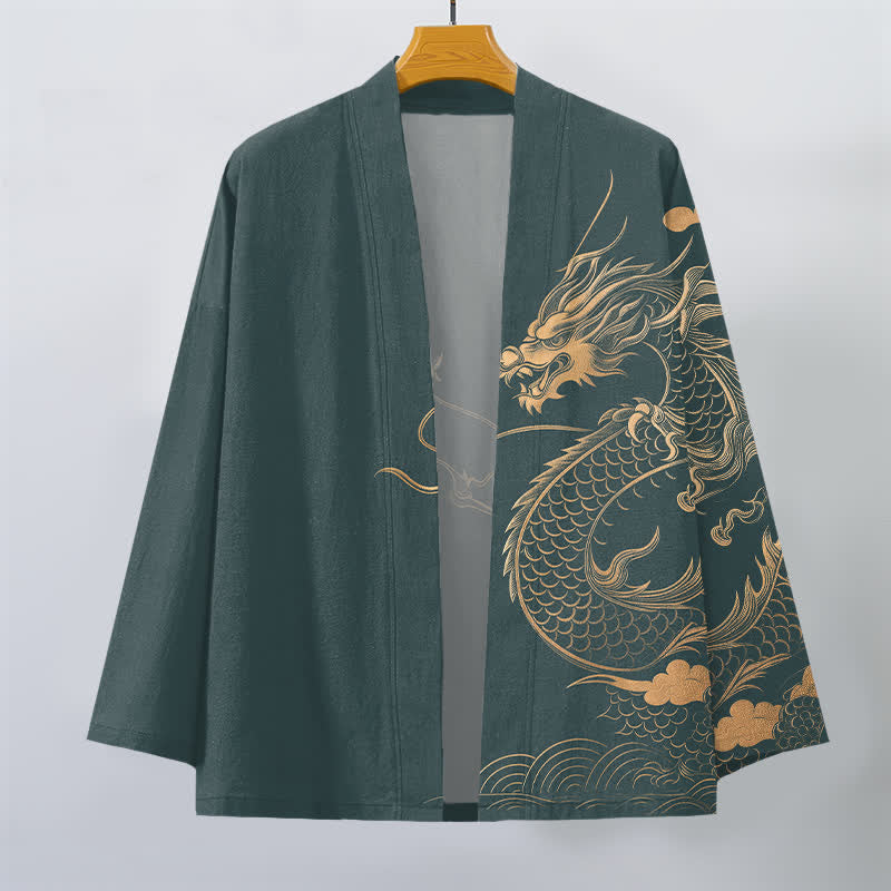 Buddha Stones Kimono de algodón con estampado de nube y dragón dorado y frente abierto para hombre - image 10