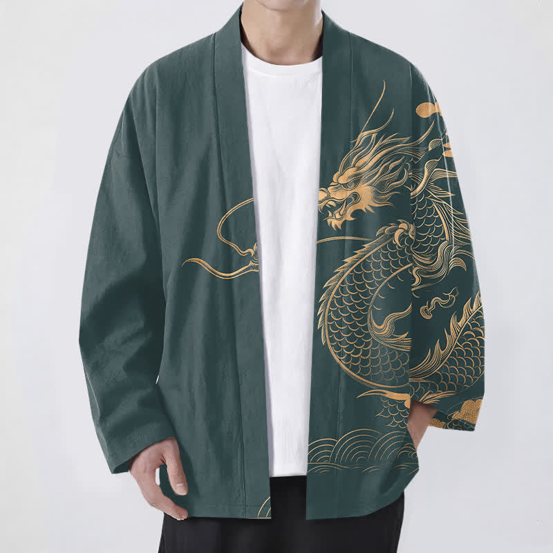 Buddha Stones Kimono de algodón con estampado de nube y dragón dorado y frente abierto para hombre - Verde azulado - US/UK/AU48, UE58 (4XL) - image 9