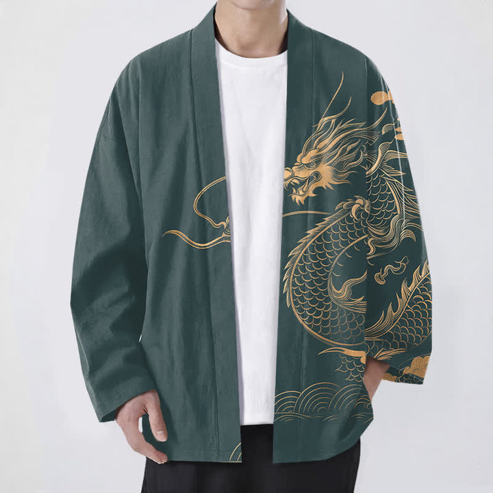 Buddha Stones Kimono de algodón con estampado de nube y dragón dorado y frente abierto para hombre - Verde azulado - US/UK/AU48, UE58 (4XL) - image 9