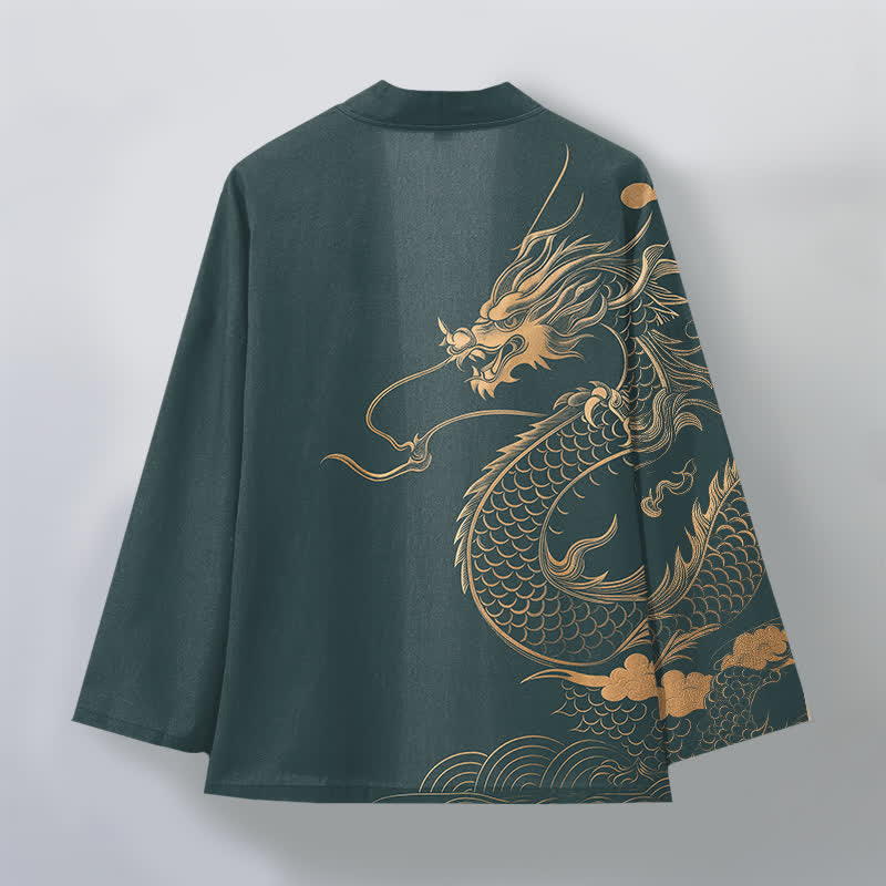 Buddha Stones Kimono de algodón con estampado de nube y dragón dorado y frente abierto para hombre - image 11