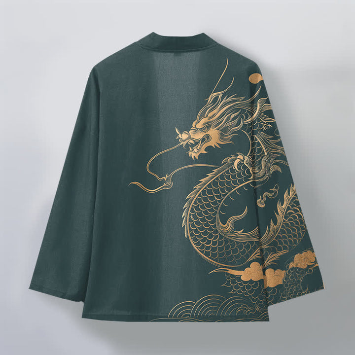 Buddha Stones Kimono de algodón con estampado de nube y dragón dorado y frente abierto para hombre - image 11