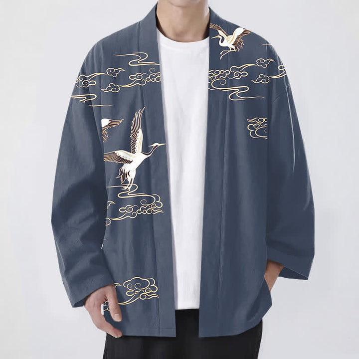 Buddha Stones Kimono de hombre de algodón blanco con estampado de grulla dorada y nube, con frente abierto. - Azul acero - US/UK/AU48, UE58 (4XL) - image 0