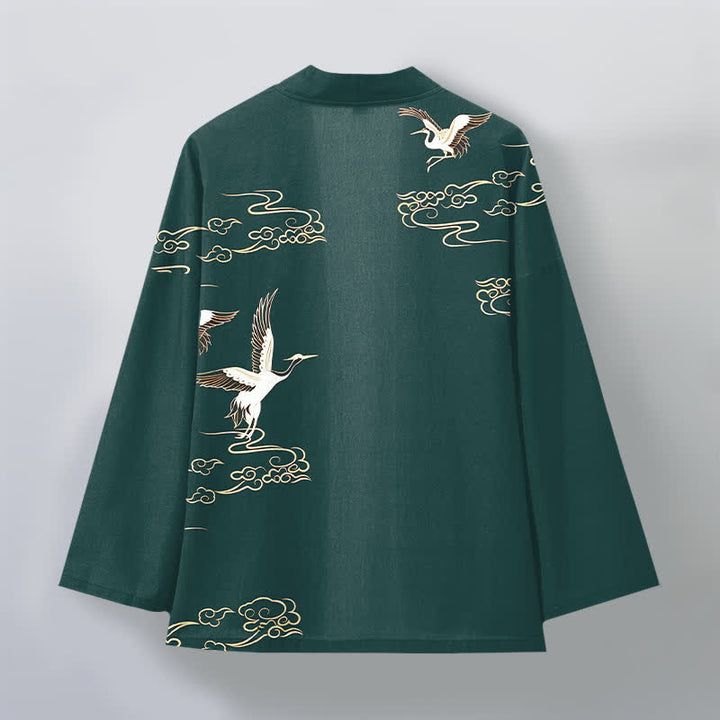 Buddha Stones Kimono de hombre de algodón blanco con estampado de grulla dorada y nube, con frente abierto. - image 8
