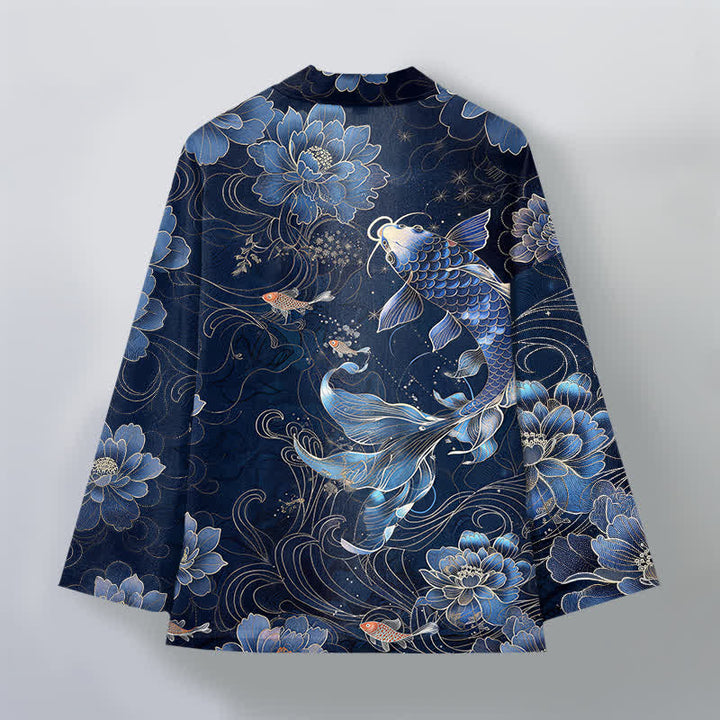 Buddha Stones Kimono de hombre con frente abierto, estampado de olas fluidas de loto koi de algodón. - image 2