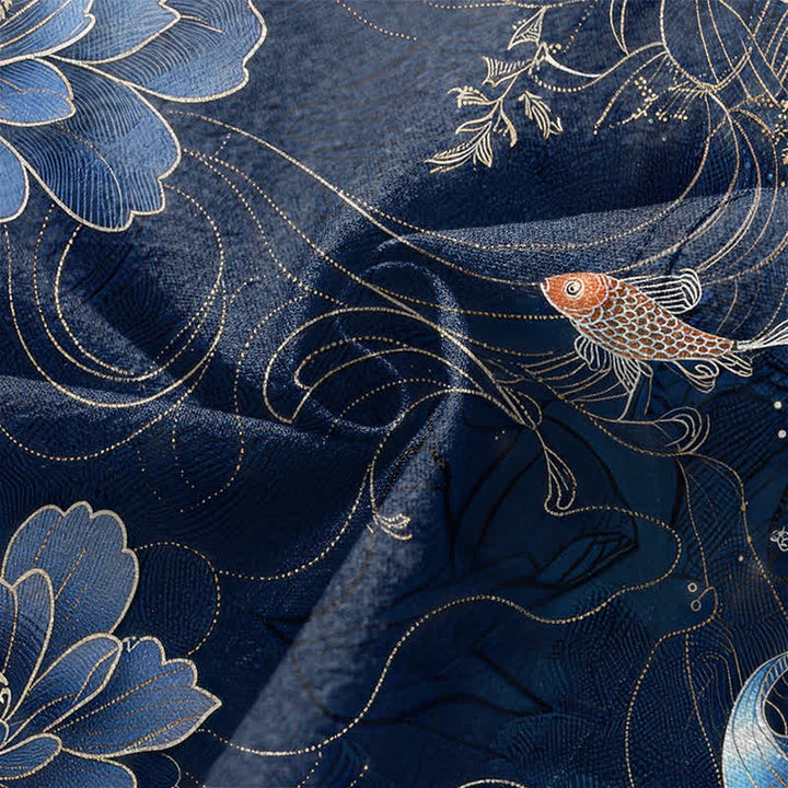 Buddha Stones Kimono de hombre con frente abierto, estampado de olas fluidas de loto koi de algodón. - image 5