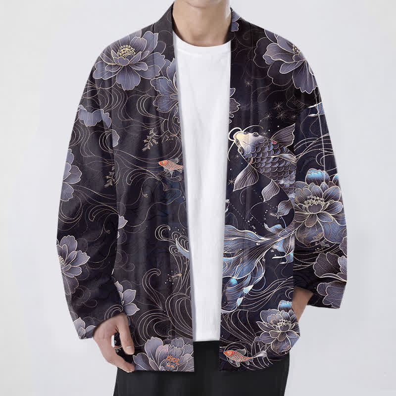 Buddha Stones Kimono de hombre con frente abierto, estampado de olas fluidas de loto koi de algodón. - Azul pizarra oscuro - US/UK/AU48, UE58 (4XL) - image 6