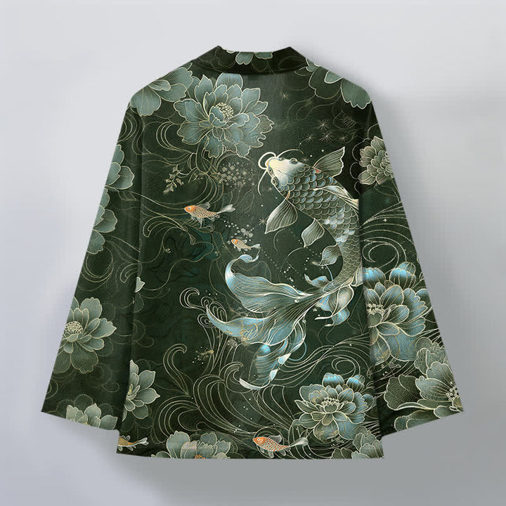Buddha Stones Kimono de hombre con frente abierto, estampado de olas fluidas de loto koi de algodón. - image 11