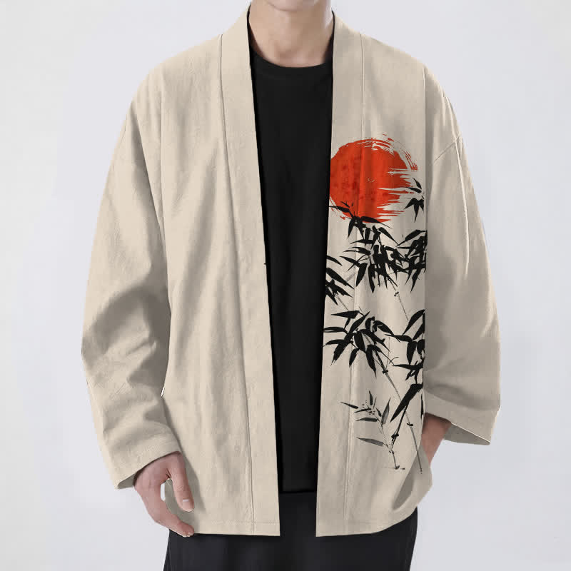 Buddha Stones Kimono de hombre de algodón rojo con estampado de bambú y tinta, con frente abierto. - Beige - US/UK/AU48, UE58 (4XL) - image 0