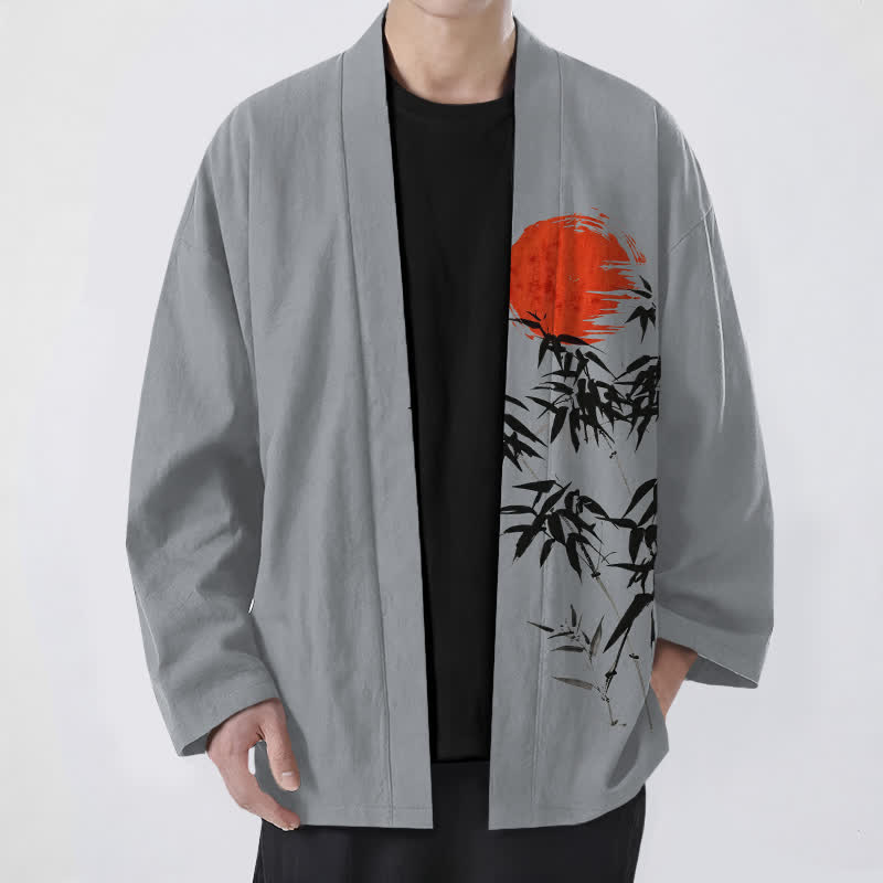 Buddha Stones Kimono de hombre de algodón rojo con estampado de bambú y tinta, con frente abierto. - Gris oscuro - US/UK/AU48, UE58 (4XL) - image 9