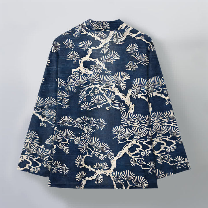 Buddha Stones Kimono de hombre con estampado de abanico de ramas de pino y algodón, frente abierto. - image 2