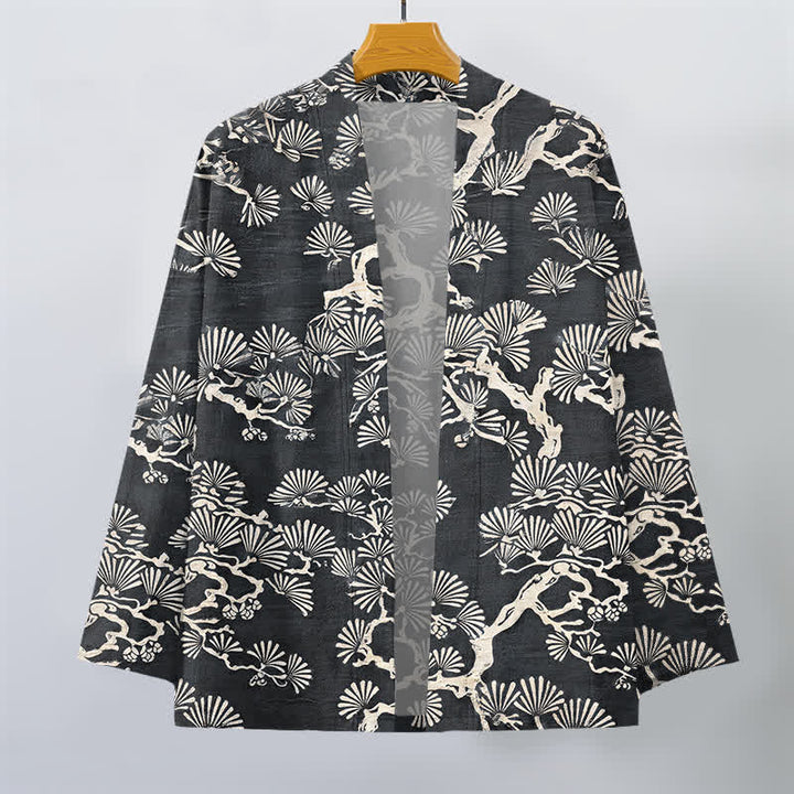 Buddha Stones Kimono de hombre con estampado de abanico de ramas de pino y algodón, frente abierto. - image 10