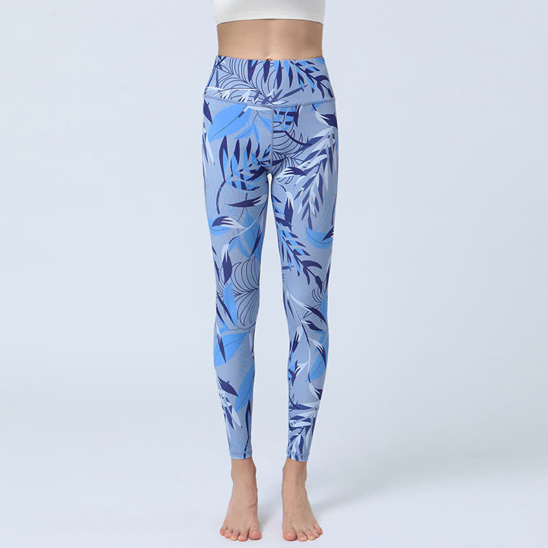 Leggings de cintura alta para mujer con estampado de Buddha Stones - hojas azul claro - US8-10, UK/AU12-14, EU40-42 (XL) - image 10