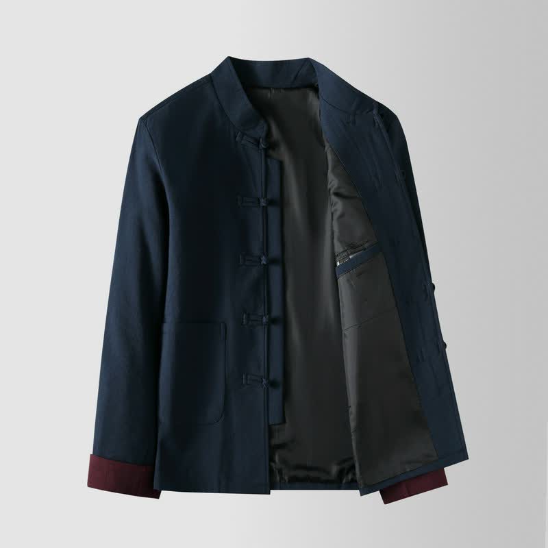 Buddha Stones Chaquetas de hombre de estilo vintage Tang con cuello mandarín, botones de rana y diseño liso, ideales para otoño e invierno. - image 1