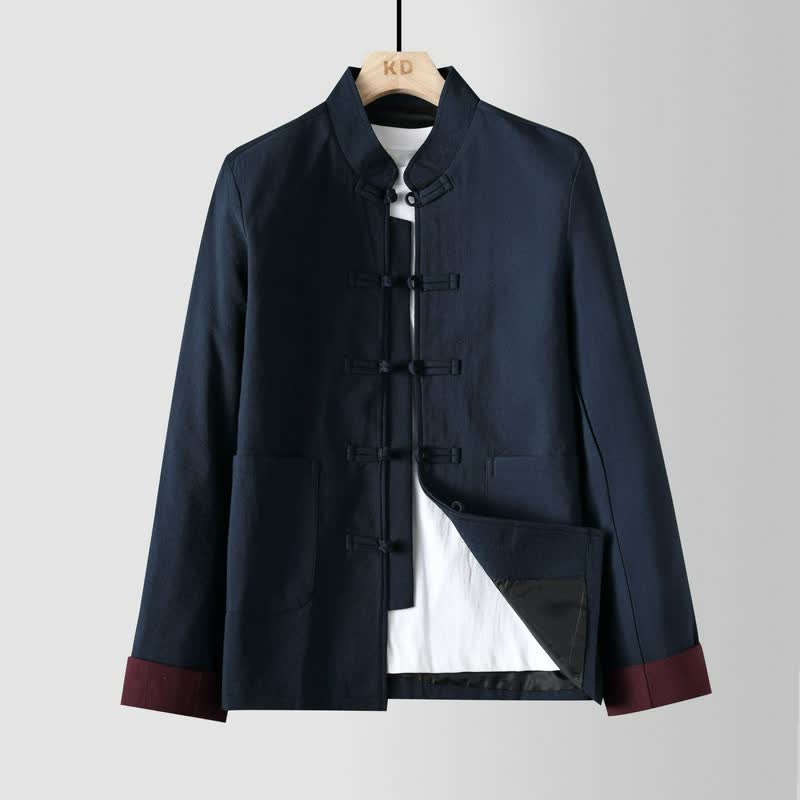 Buddha Stones Chaquetas de hombre de estilo vintage Tang con cuello mandarín, botones de rana y diseño liso, ideales para otoño e invierno. - Marina de guerra - US/UK/AU48, EU58 (6XL) - image 0