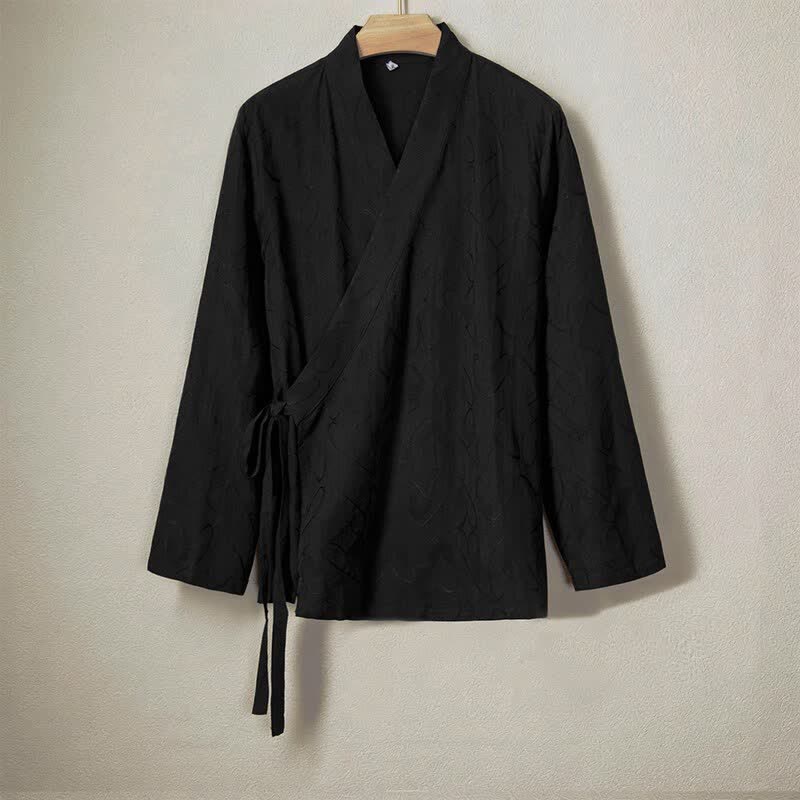 Buddha Stones Camisas de manga larga para hombre de algodón liso, estilo casual minimalista con cordón ajustable, ideales para primavera y verano. - Negro - US/UK/AU44, EU54 (4XL) - image 0