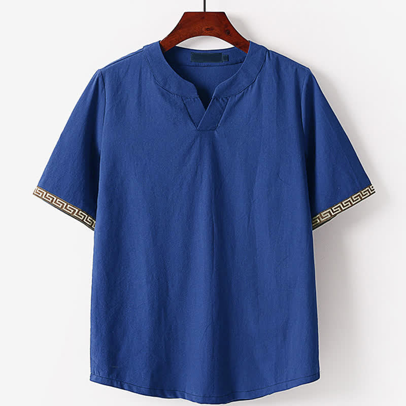 Buddha Stones Camiseta de manga corta con cuello de muesca y bordados para hombre, de algodón y lino, ideal para el verano. - Azul acero - US./ UK/ 56, UE 66 (9XL) - image 0