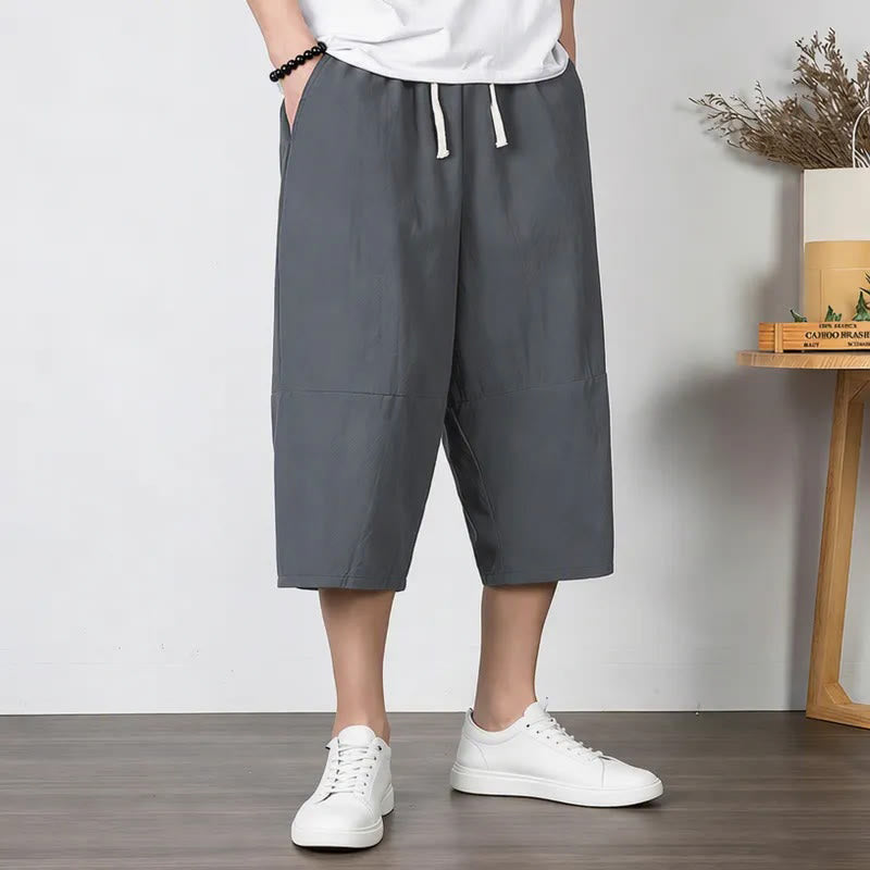 Buddha Stones Pantalones capri lisos de algodón y lino para hombre con cordón ajustable y bolsillos. - image 1