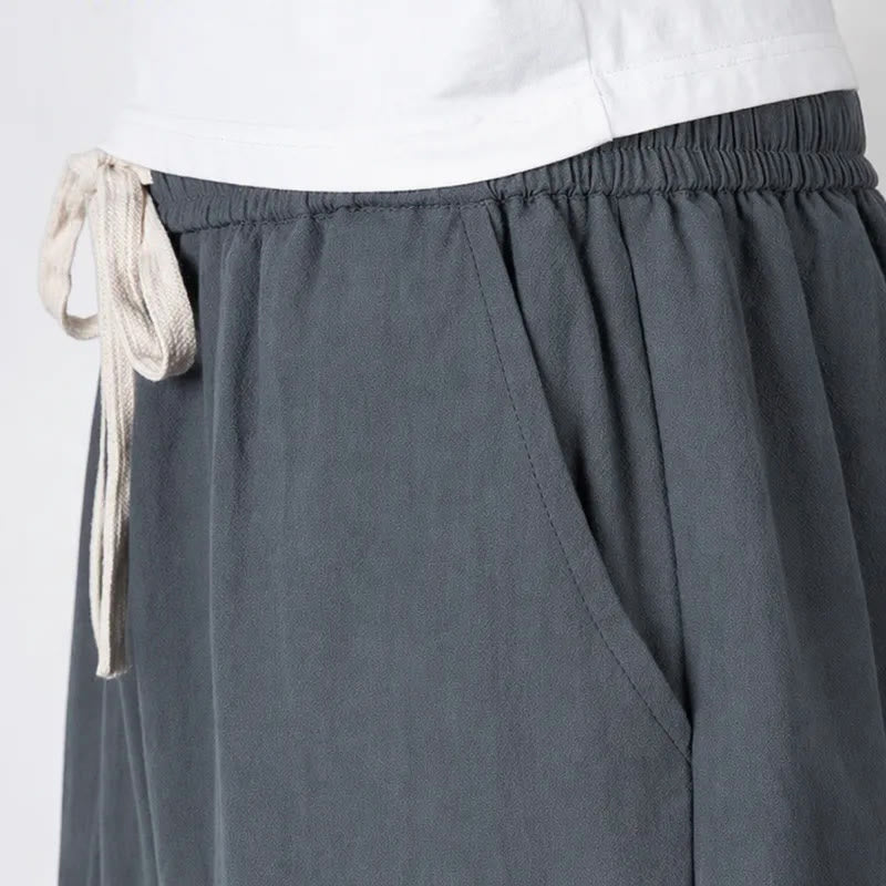 Buddha Stones Pantalones capri lisos de algodón y lino para hombre con cordón ajustable y bolsillos. - image 3