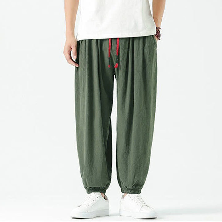 Buddha Stones Pantalones cortos de algodón liso estilo boho con cordón ajustable, estilo harem para hombre, con bolsillo. - image 33