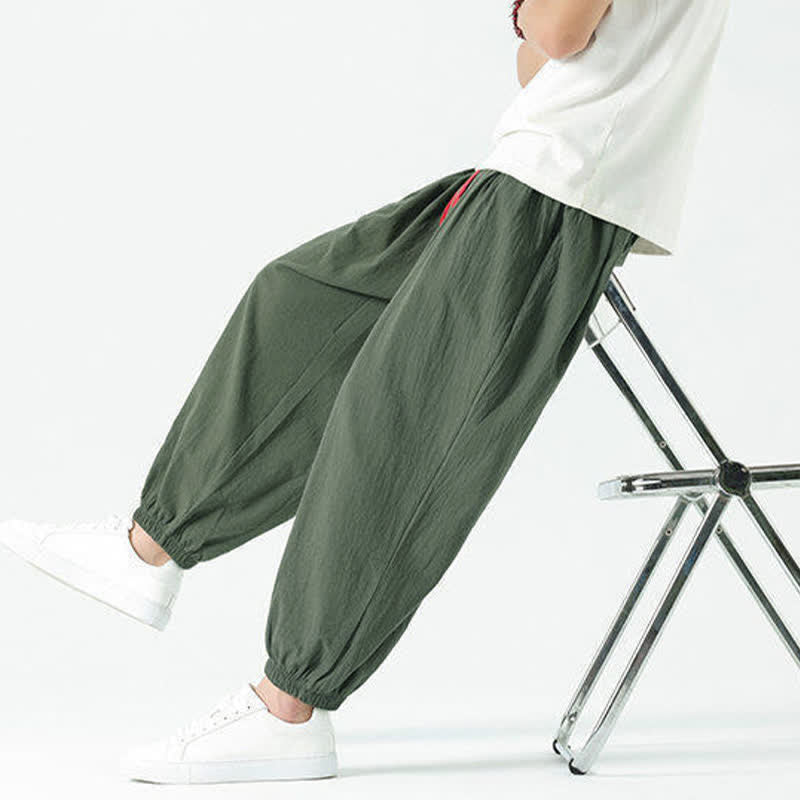 Buddha Stones Pantalones cortos de algodón liso estilo boho con cordón ajustable, estilo harem para hombre, con bolsillo. - image 34