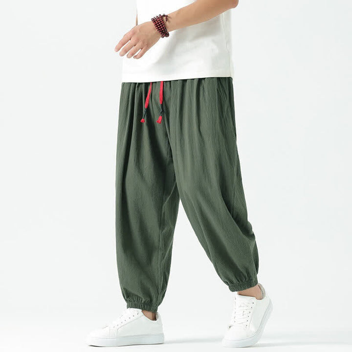 Buddha Stones Pantalones cortos de algodón liso estilo boho con cordón ajustable, estilo harem para hombre, con bolsillo. - Verde oliva oscuro - US/UK/AU46, EU56 (5XL) - image 28