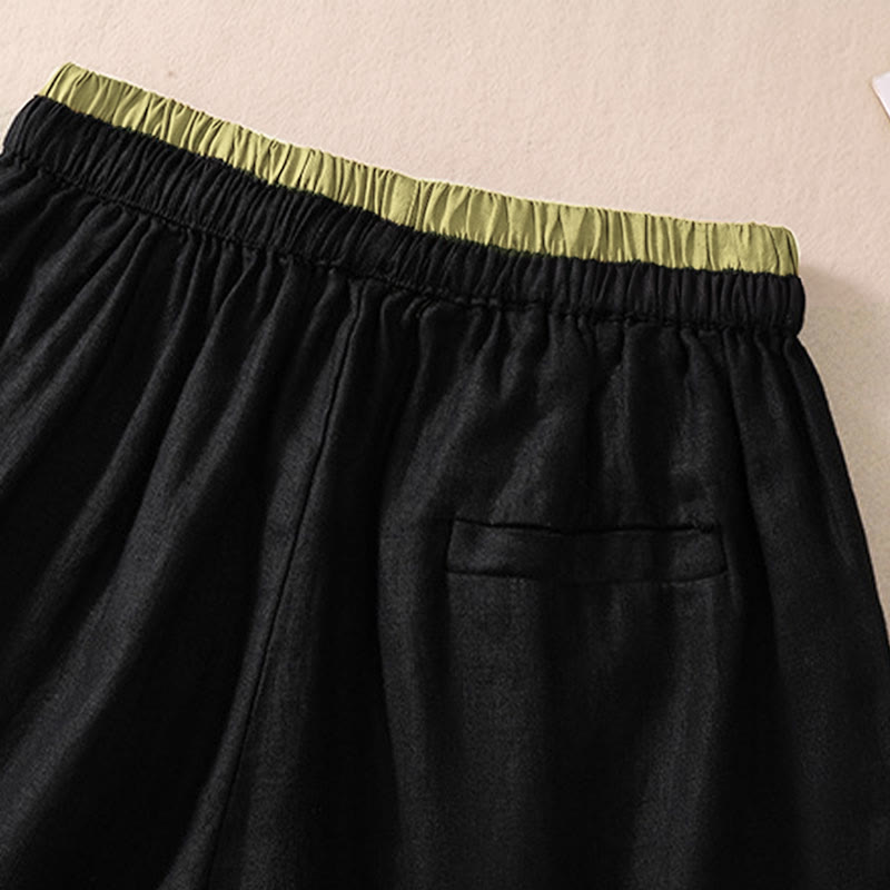 Pantalones cortos de lino y algodón con cintura con contraste de color liso y bolsillos para mujer con Buddha Stones - image 11