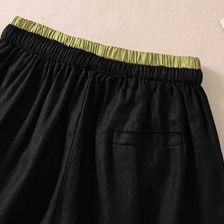 Pantalones cortos de lino y algodón con cintura con contraste de color liso y bolsillos para mujer con Buddha Stones - image 11